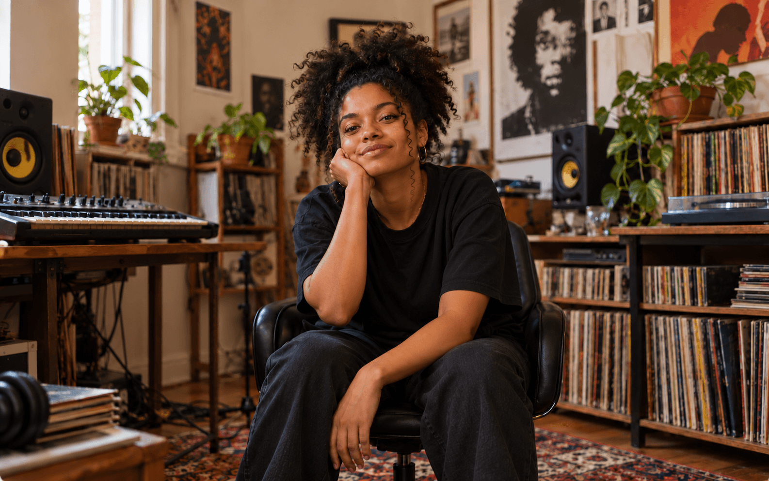 Criadora num estúdio de música com discos, instrumentos e plantas