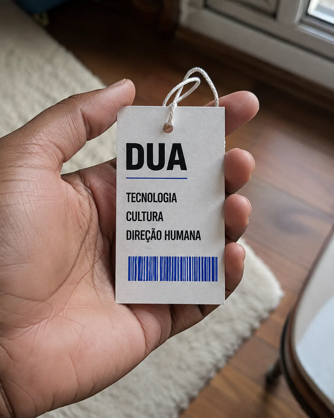 Mão a segurar uma etiqueta institucional DUA