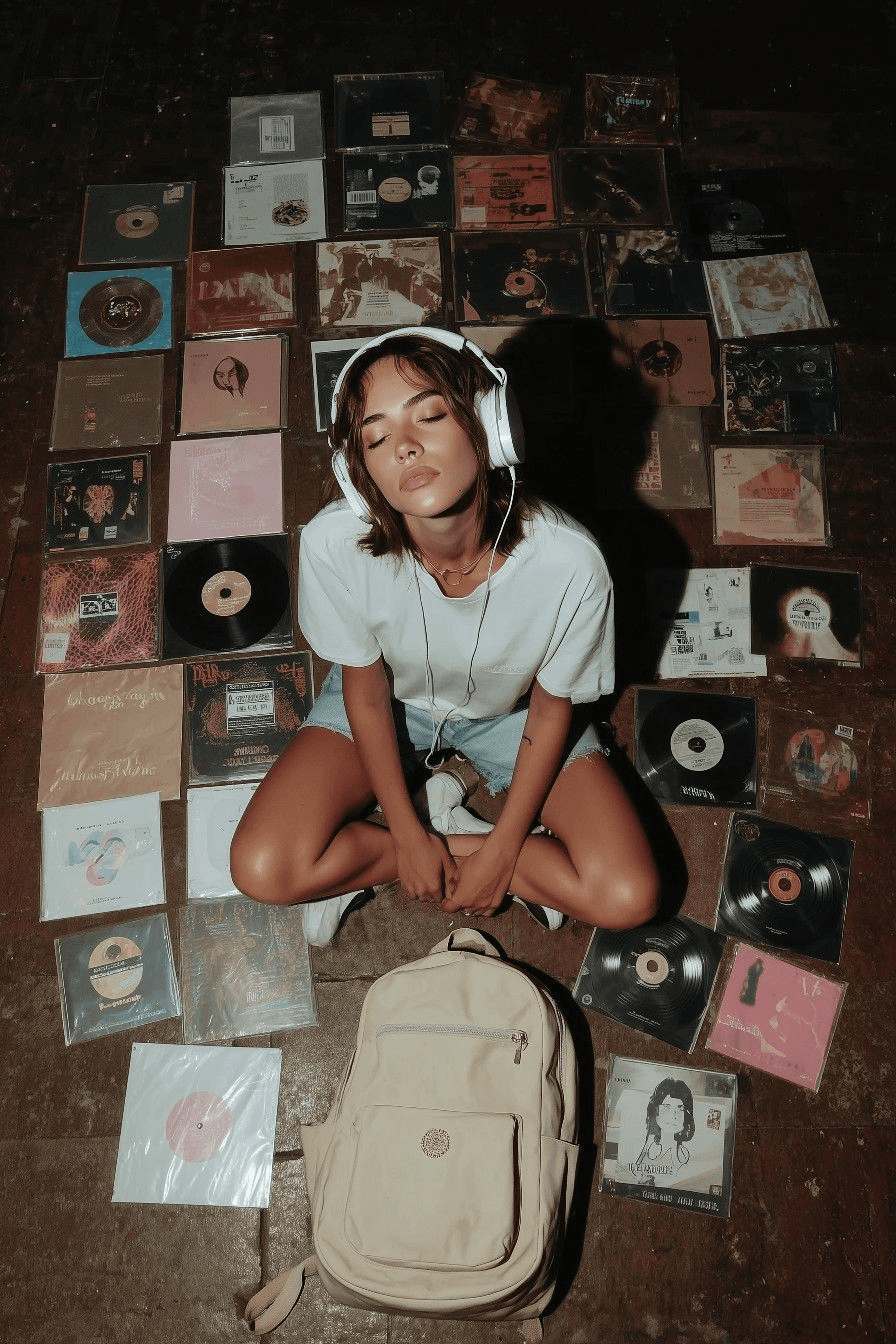 Mulher a ouvir música com auscultadores, rodeada de discos