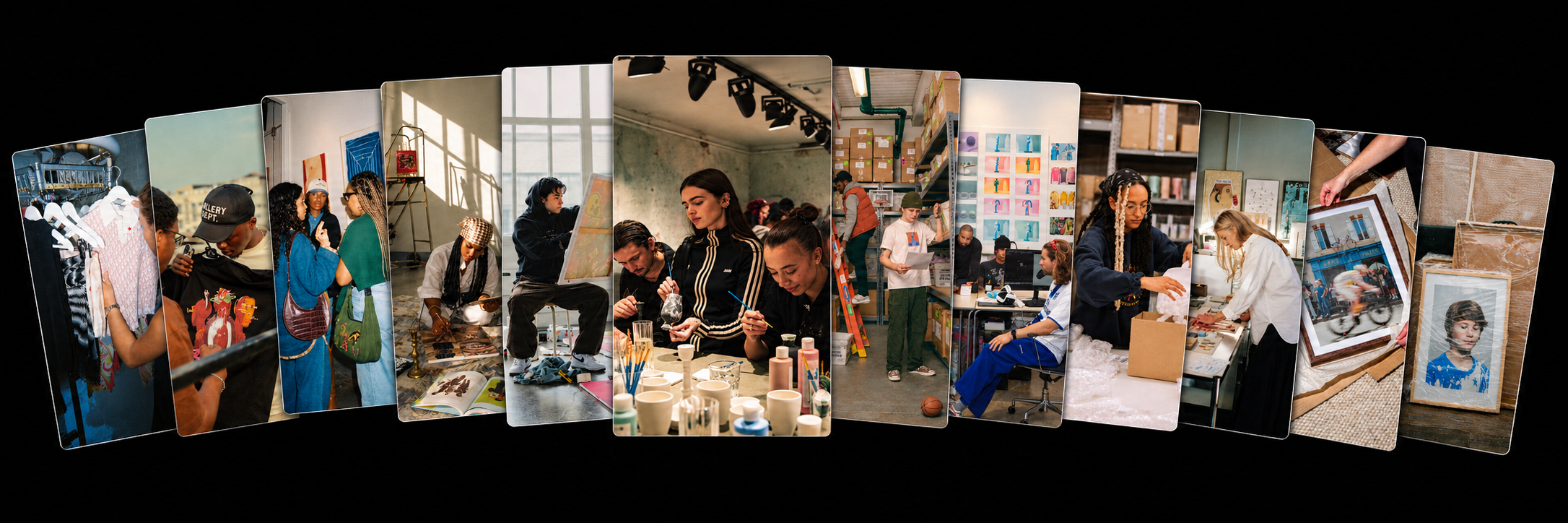 Doze fotografias em leque: moda independente, galeria, pintura, cerâmica, design, preparação de encomendas e obras emolduradas