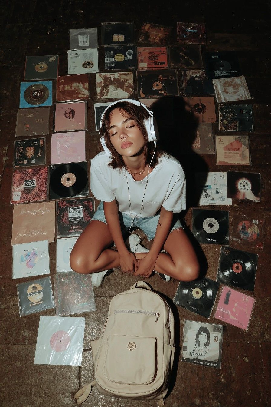 Mulher a ouvir música com auscultadores, rodeada de discos